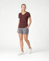 StringKing Women's Pima Jersey V-Neck Tee - Sharp Fit, New Maroon, Full Front Angle - Human Model
