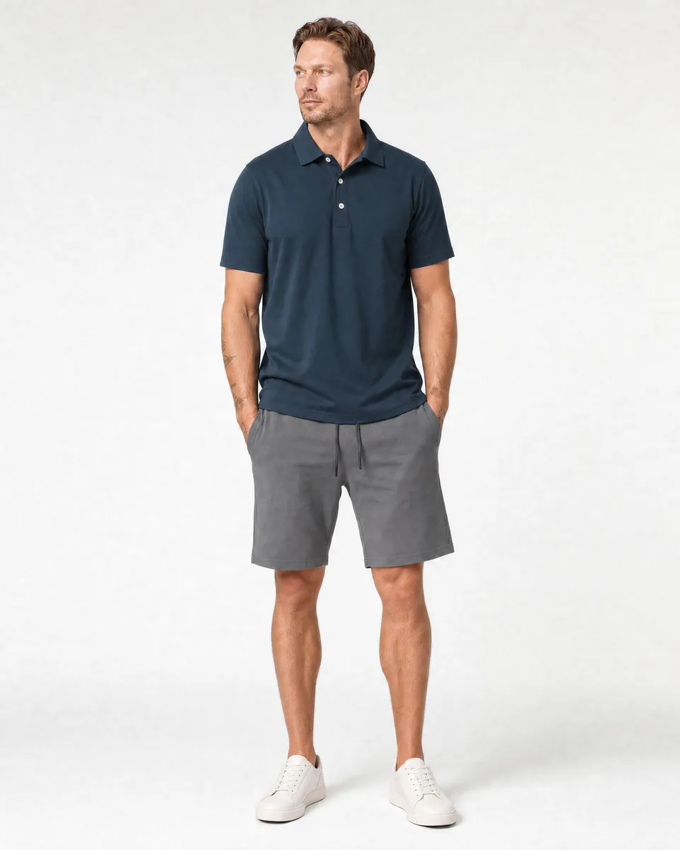 StringKing Men's Pima Jersey Classic Polo - Relaxed Fit, Navy, Full Front - Human Model - Top of head to Knees