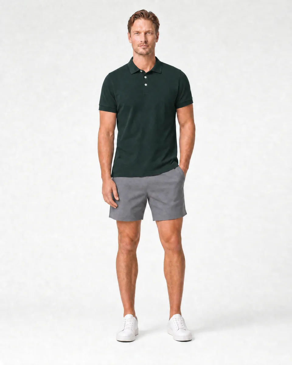 StringKing Men's Pima Terry Polo - Relaxed Fit, Pine Grove, Full Front - Human Model - Top of head to Knees