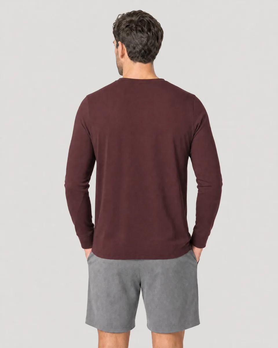 StringKing Men's Pima Jersey Long Sleeve V-Neck Tee - Sharp Fit, New Maroon, Full Back - Human Model - Top of head to Mid-thigh