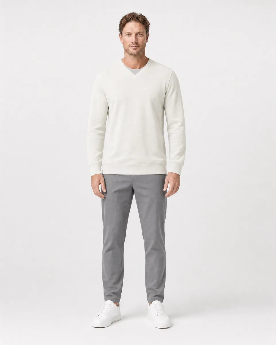 StringKing Men's Pima Terry V-Neck Sweater - Relaxed Fit, Tofu, Full Front - Human Model - Top of head to Knees