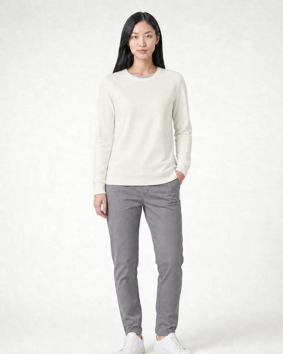 StringKing Women's Pima Terry Crew Sweater - Sharp Fit, Tofu, Full Front - Human Model - Top of head to Knees