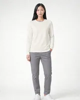 StringKing Women's Pima Terry Crew Sweater - Sharp Fit, Tofu, Full Front - Human Model - Top of head to Knees
