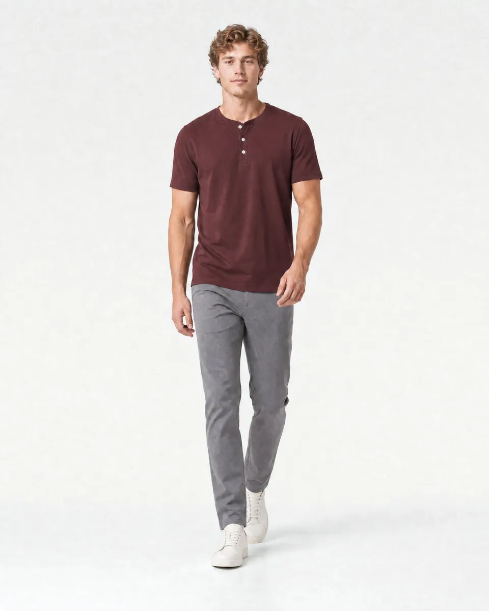 StringKing Men's Pima Jersey Short Sleeve Henley - Sharp Fit, New Maroon, Full Front Angle - Human Model