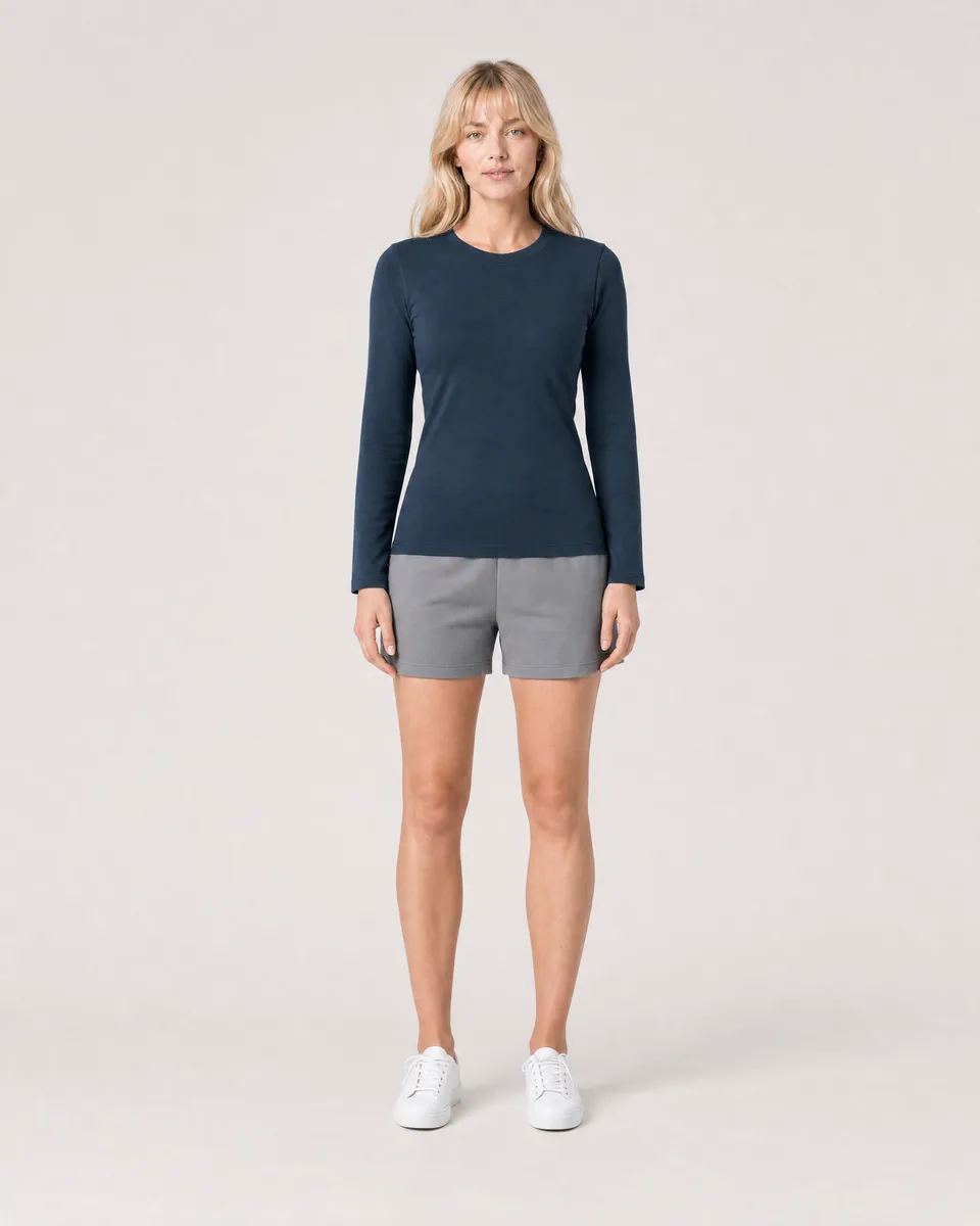 StringKing Women's Pima Jersey Long Sleeve Tee - Sharp Fit, Navy, Full Front - Human Model
