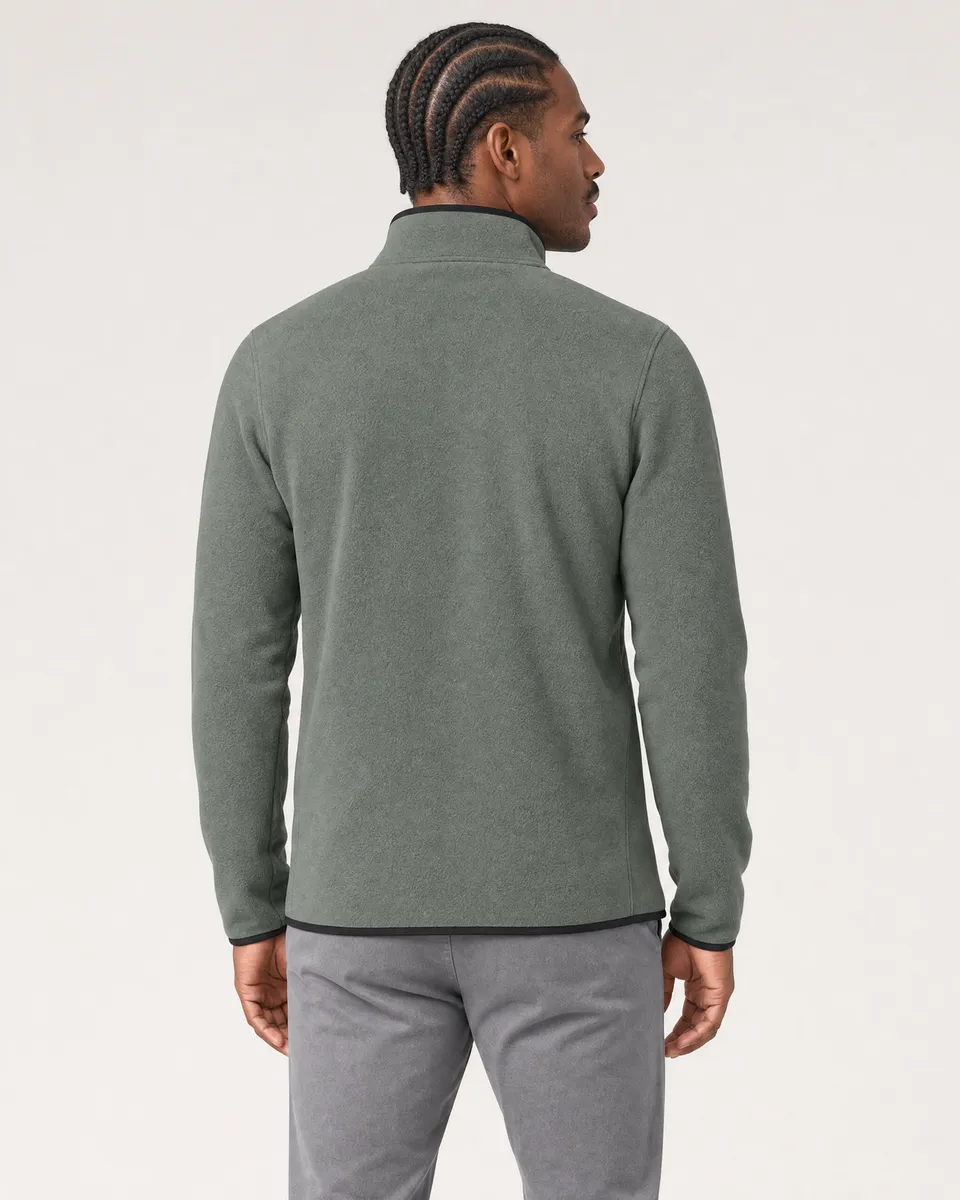 StringKing Men's Polartec Fleece Full Zip with Pockets - Sharp Fit, Avenue Green, Full Back - Human Model - Top of head to Mid-thigh