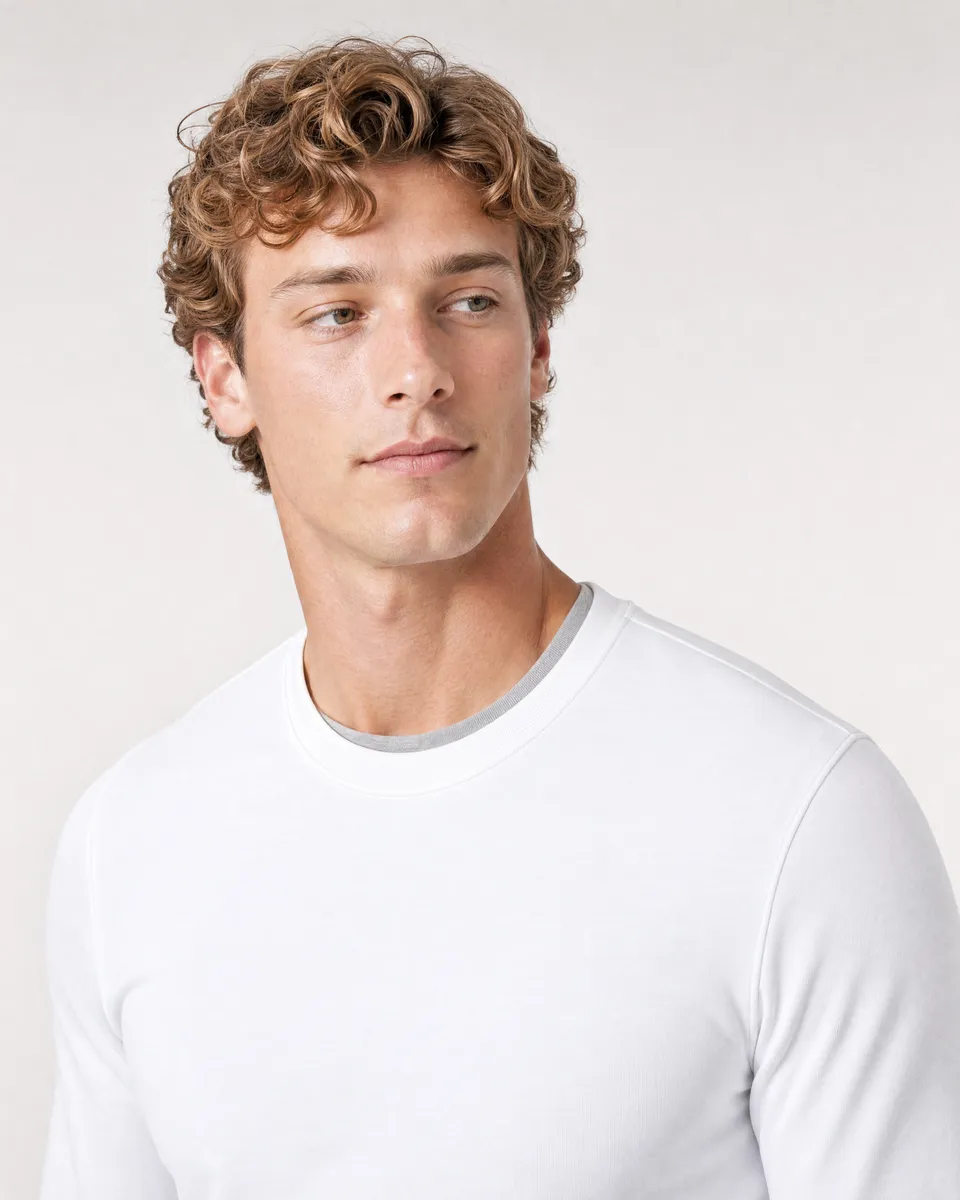 StringKing Men's StayWarm Sweater - Sharp Fit, White, Collar Shoulder - Human Model