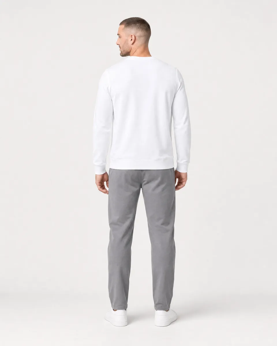 StringKing Men's Pima Terry Crew Sweater - Relaxed Fit, White, Full Back - Human Model - Top of head to Mid-thigh