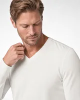 StringKing Men's Pima Jersey Long Sleeve V-Neck Tee - Sharp Fit, Tofu, Collar Shoulder - Human Model