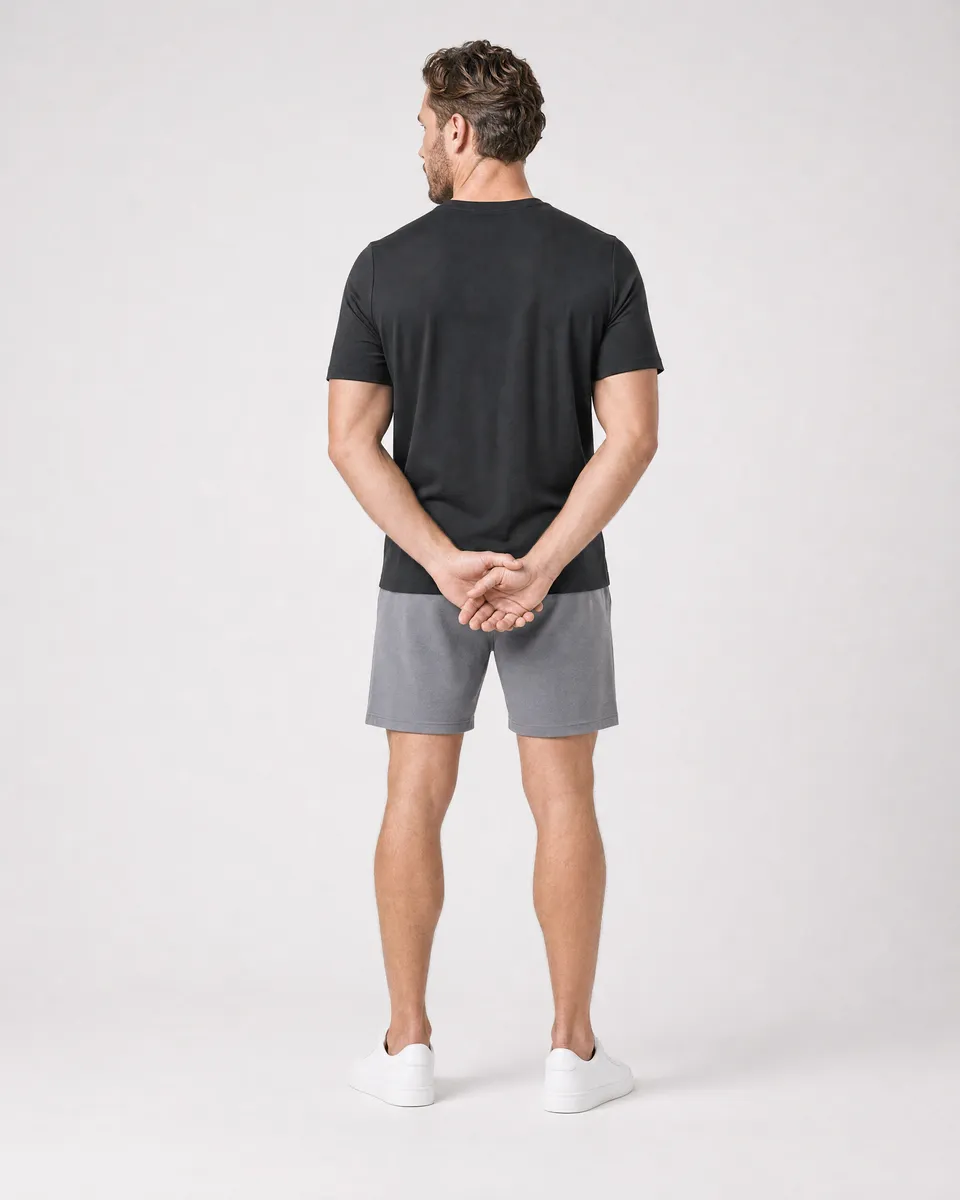 StringKing Men's StayWarm Tee - Sharp Fit, Black, Full Back - Human Model - Top of head to Mid-thigh