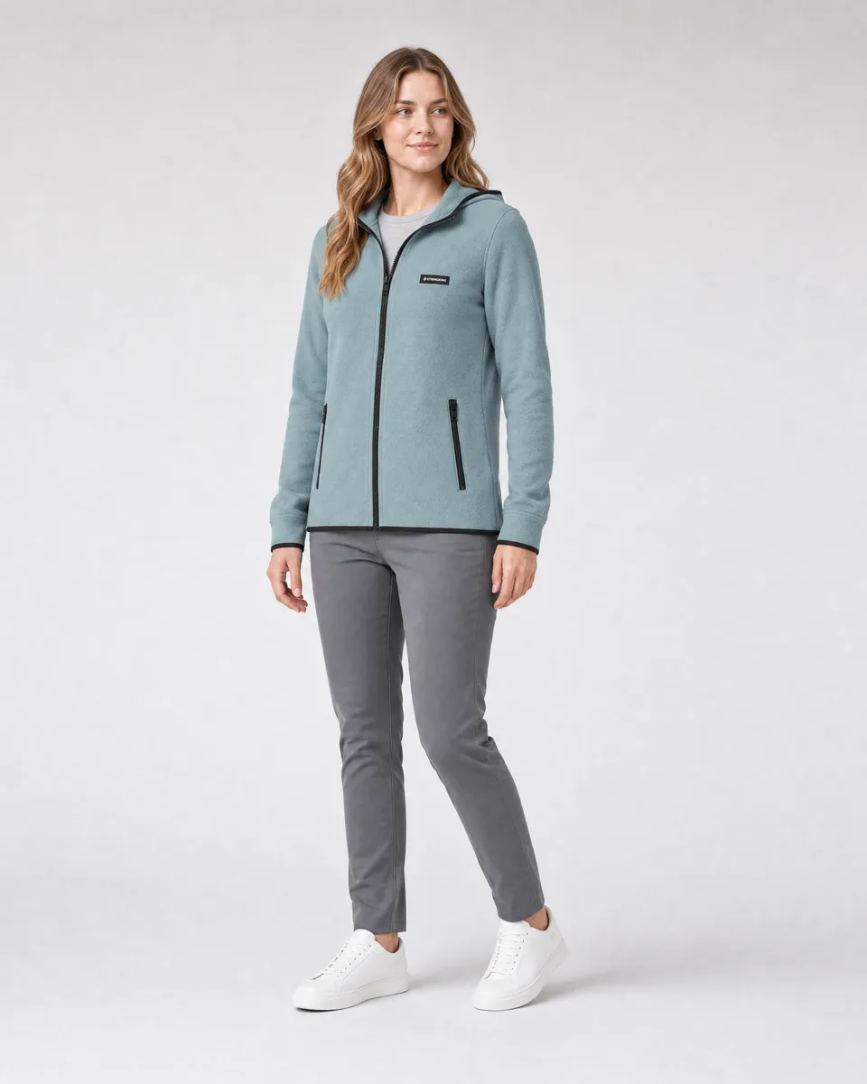 StringKing Women's Polartec Fleece Full Zip Hoodie with Pockets - Relaxed Fit, Slate, Full Front Angle - Human Model