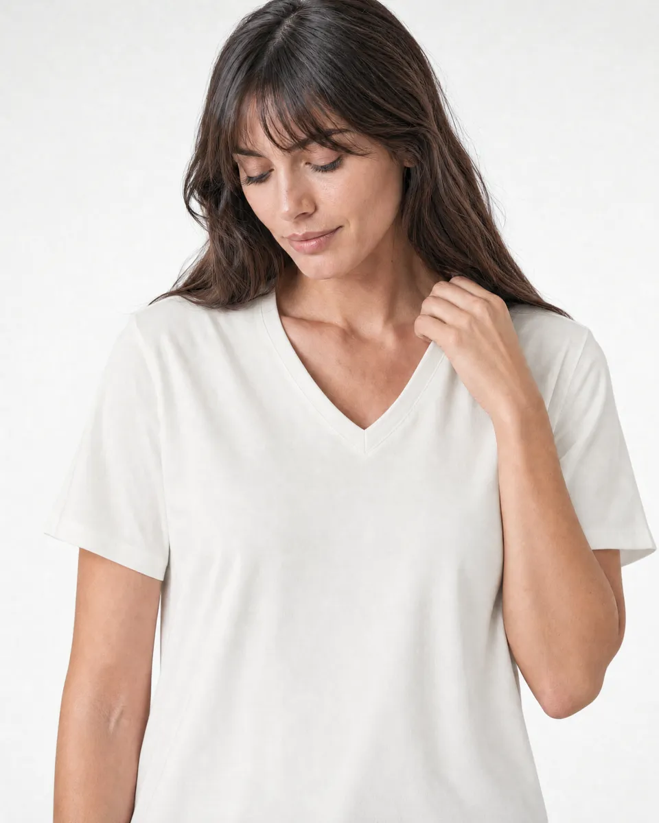 StringKing Women's Pima Jersey V-Neck Tee - Relaxed Fit, Tofu, Collar Shoulder - Human Model