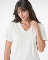 StringKing Women's Pima Jersey V-Neck Tee - Relaxed Fit, Tofu, Collar Shoulder - Human Model