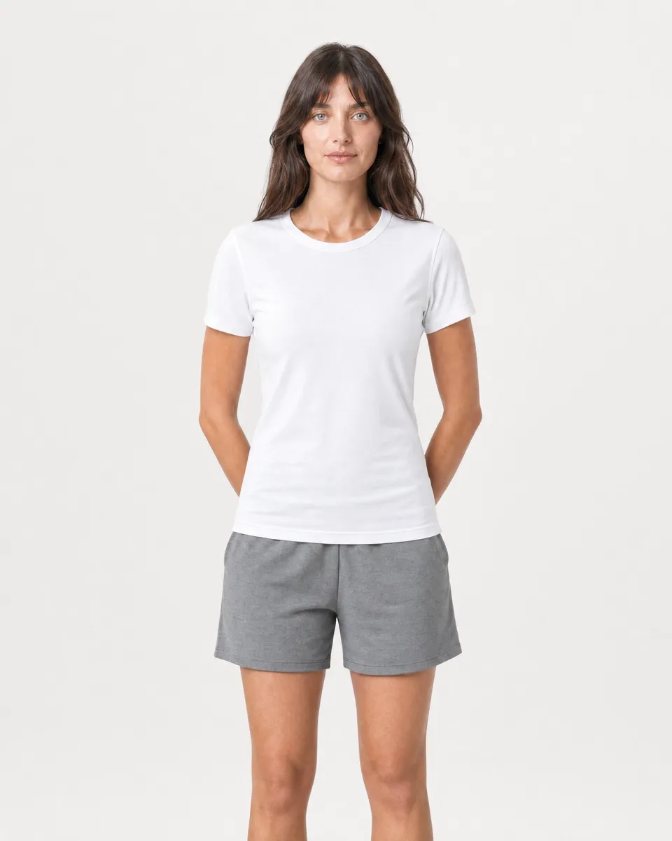 StringKing Women's Pima Jersey Tee - Sharp Fit, White, Full Front - Human Model - Top of head to Knees