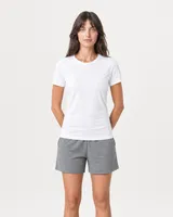 StringKing Women's Pima Jersey Tee - Sharp Fit, White, Full Front - Human Model - Top of head to Knees