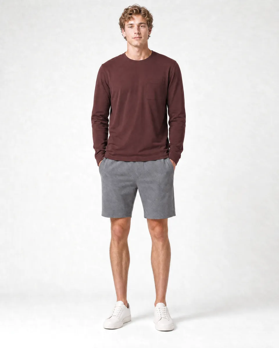 StringKing Men's Pima Jersey Long Sleeve Pocket Tee - Sharp Fit, New Maroon, Full Front - Human Model - Top of head to Knees