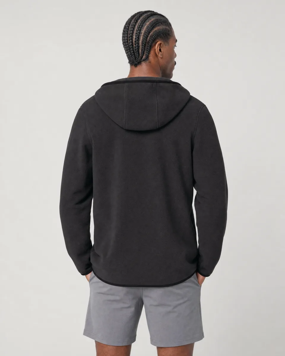 StringKing Men's Polartec Fleece Quarter Zip Hoodie with Pockets - Relaxed Fit, Meteorite, Full Back - Human Model - Top of head to Mid-thigh