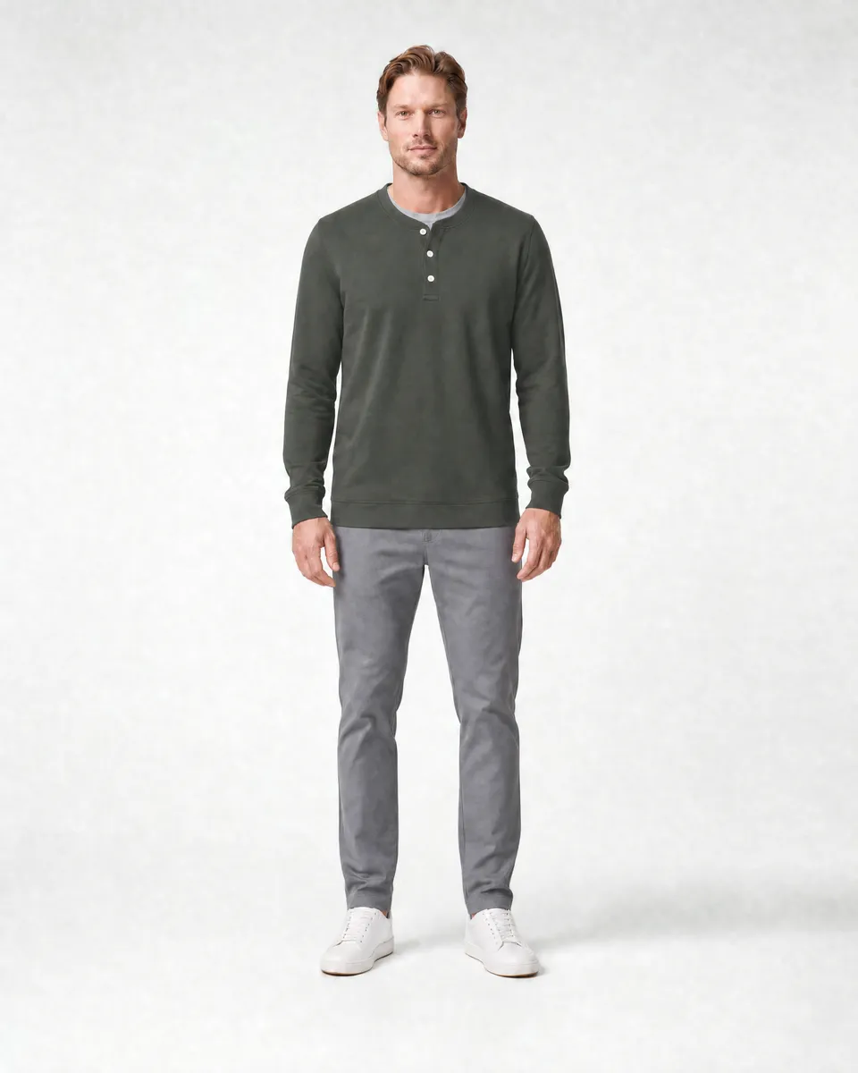 StringKing Men's Pima Terry Henley - Relaxed Fit, Moss, Full Front - Human Model