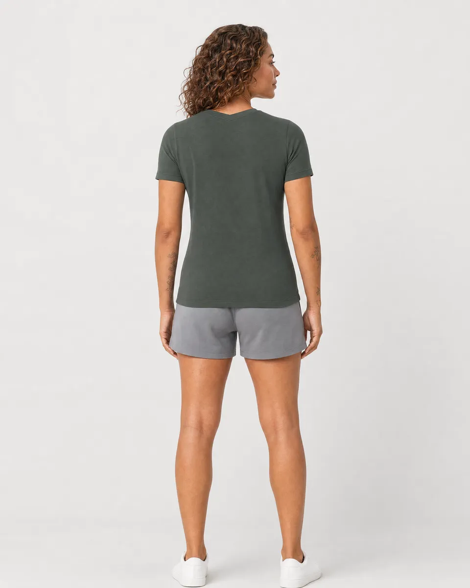 StringKing Women's Pima Terry V-Neck Tee - Sharp Fit, Moss, Full Back - Human Model - Top of head to Mid-thigh