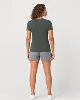 StringKing Women's Pima Terry V-Neck Tee - Sharp Fit, Moss, Full Back - Human Model - Top of head to Mid-thigh