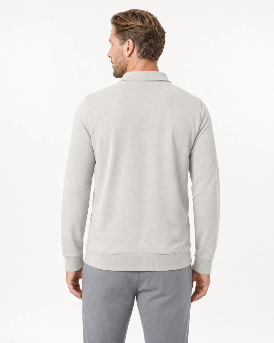 StringKing Men's Pima Terry Long Sleeve Polo - Sharp Fit, Moonstruck, Full Back - Human Model - Top of head to Mid-thigh