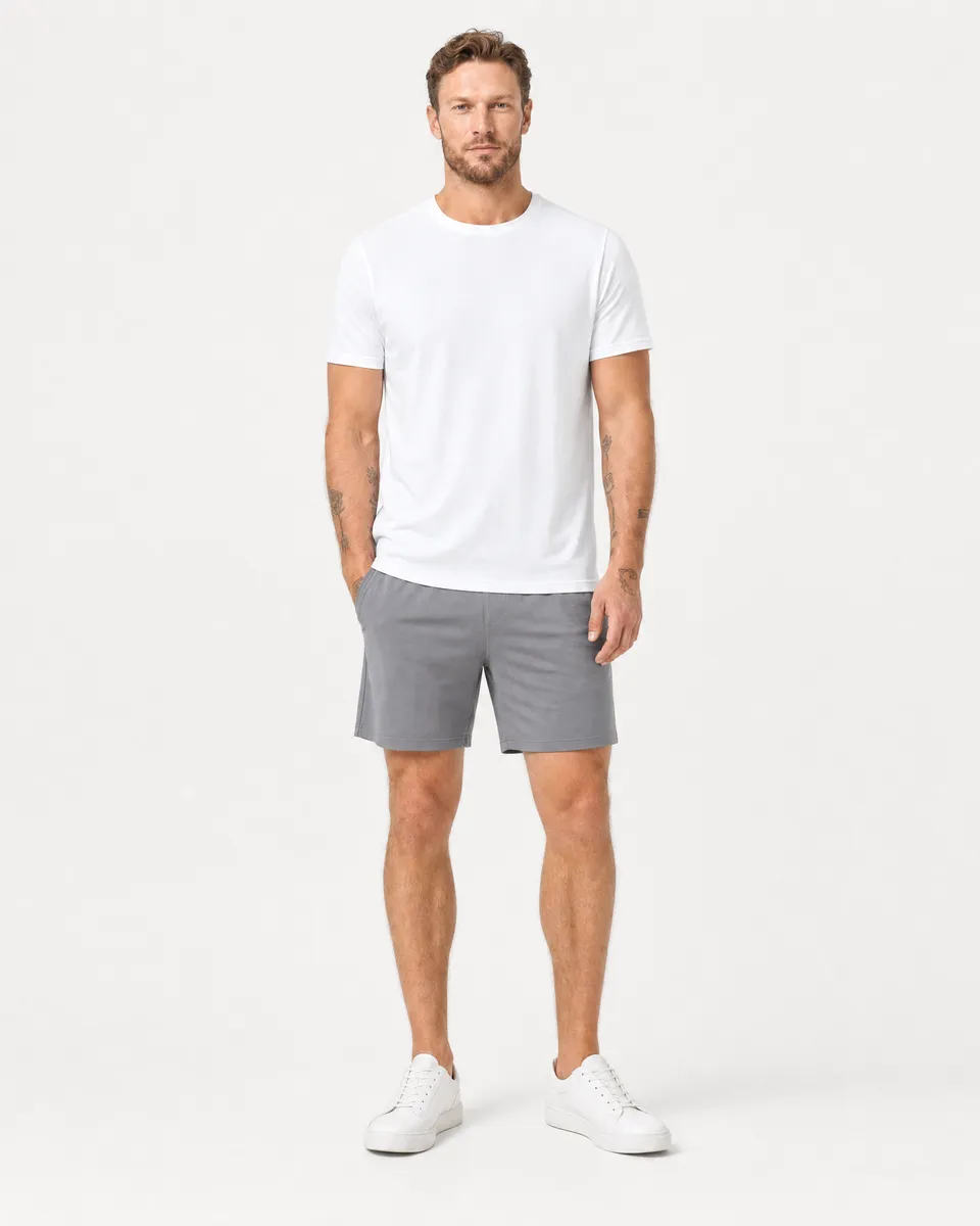 StringKing Men's Pima Terry Tee - Relaxed Fit, White, Full Front - Human Model - Top of head to Knees