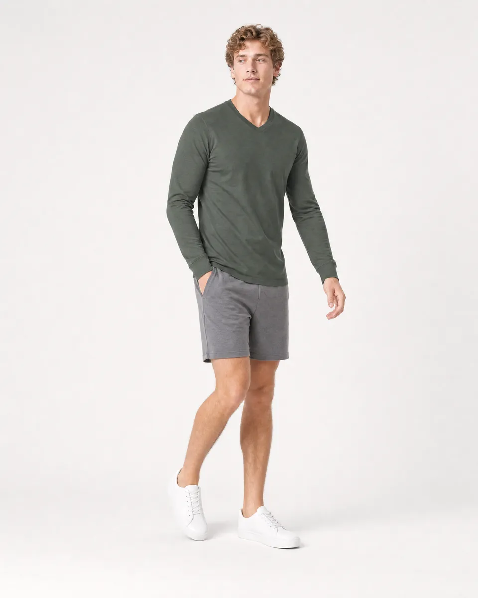 StringKing Men's Pima Jersey Long Sleeve V-Neck Tee - Sharp Fit, Moss, Full Front Angle - Human Model