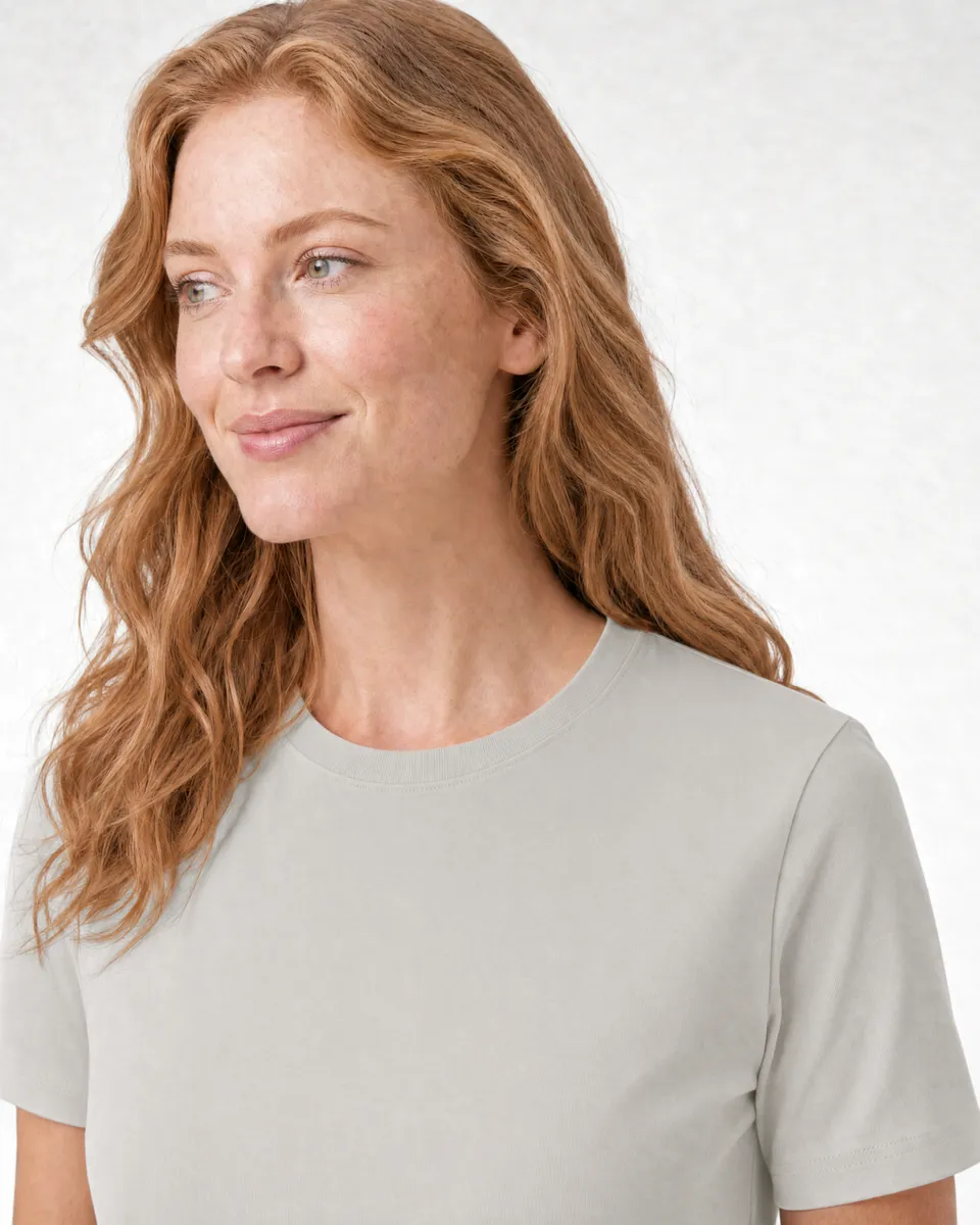 StringKing Women's Pima Terry Tee - Sharp Fit, Moonstruck, Collar Shoulder - Human Model