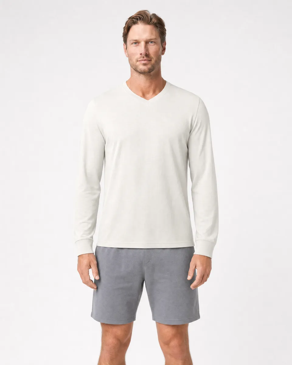 StringKing Men's Pima Jersey Long Sleeve V-Neck Tee - Relaxed Fit, Tofu, Full Front - Human Model - Top of head to Knees