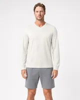 StringKing Men's Pima Jersey Long Sleeve V-Neck Tee - Relaxed Fit, Tofu, Full Front - Human Model - Top of head to Knees