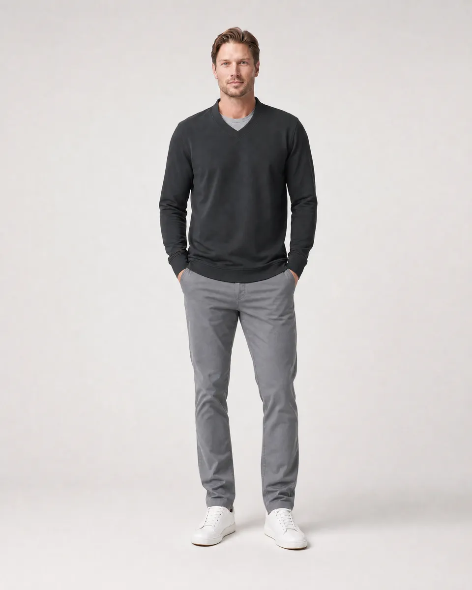 StringKing Men's Pima Terry V-Neck Sweater - Sharp Fit, Black, Full Front - Human Model