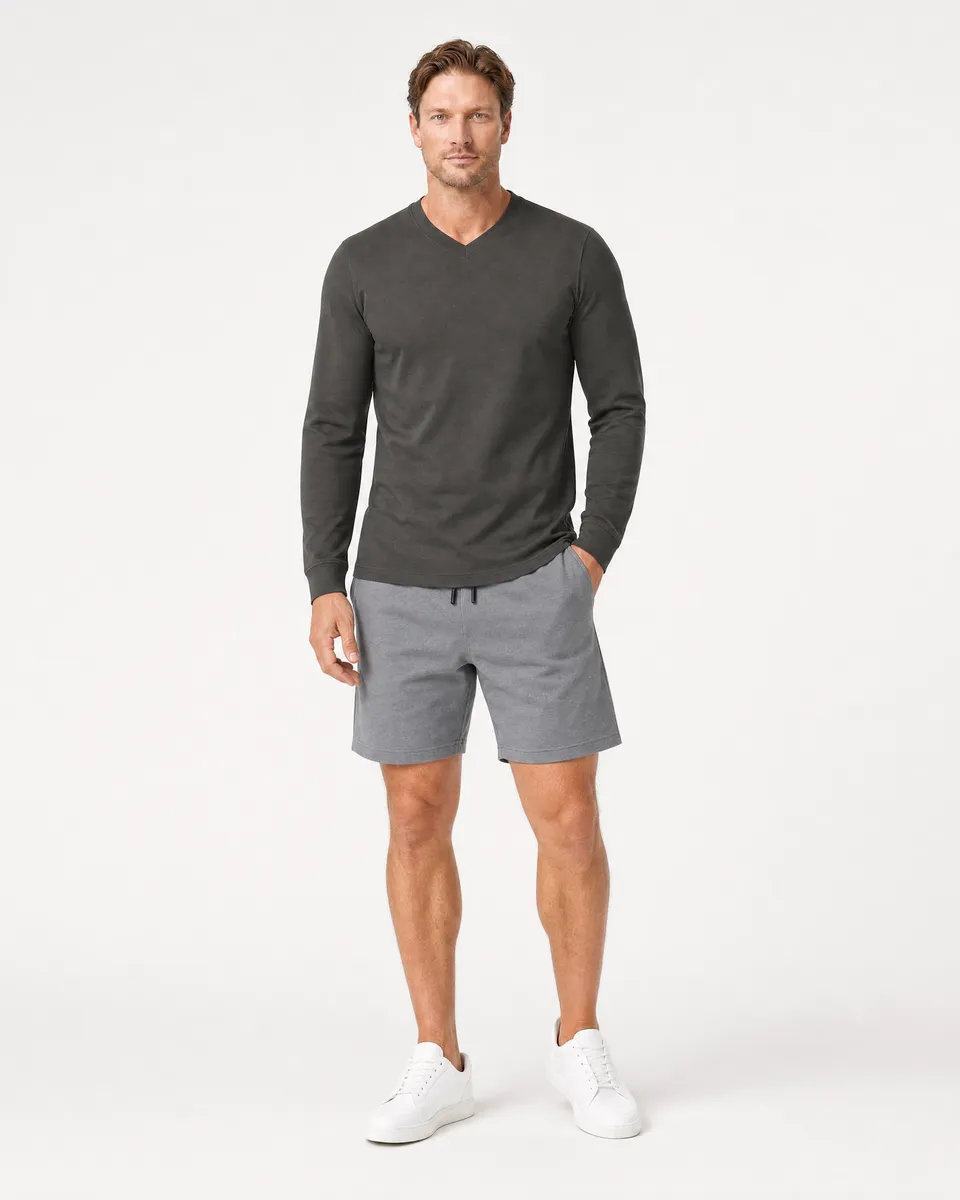 StringKing Men's Pima Jersey Long Sleeve V-Neck Tee - Sharp Fit, Peat, Full Front - Human Model - Top of head to Knees