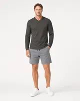 StringKing Men's Pima Jersey Long Sleeve V-Neck Tee - Sharp Fit, Peat, Full Front - Human Model - Top of head to Knees