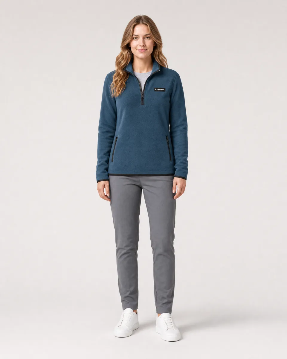 StringKing Women's Polartec Fleece Quarter Zip with Pockets - Sharp Fit, Indian Teal, Full Front - Human Model