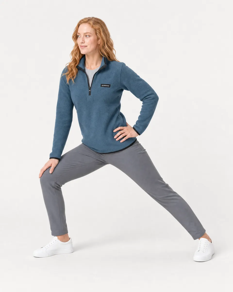 StringKing Women's Polartec Fleece Quarter Zip - Sharp Fit, Indian Teal, Full Front Angle - Human Model