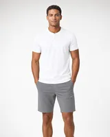 StringKing Men's Pima Jersey Short Sleeve Henley - Sharp Fit, White, Full Front - Human Model - Top of head to Knees