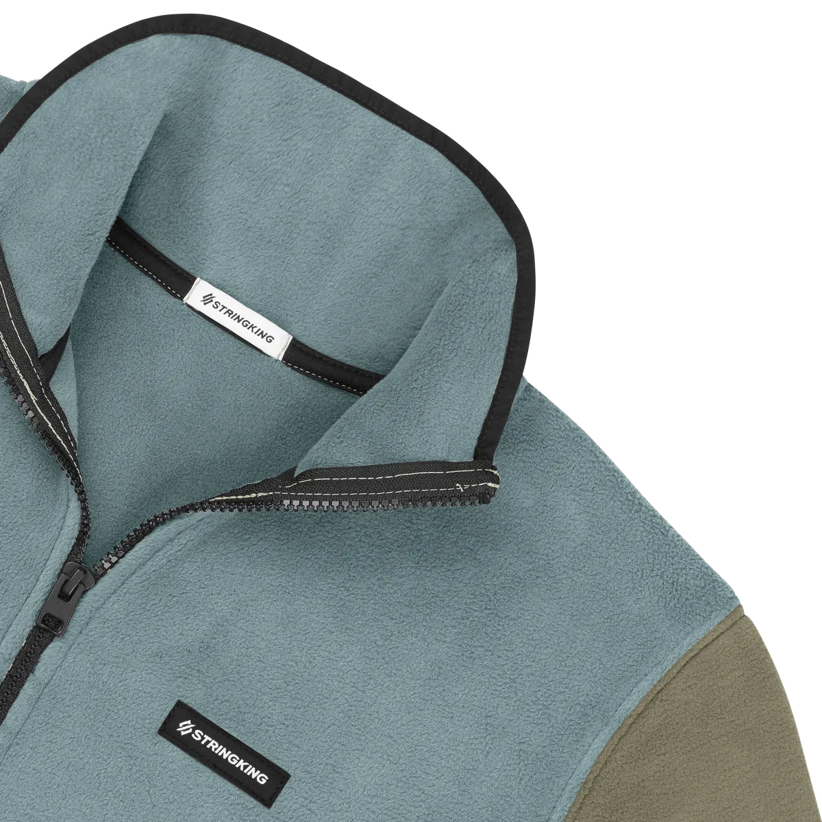 StringKing Men's Polartec Half Zip - Relaxed Fit, Slate Top, Mermaid Bottom, Mermaid Sleeves, Black Trim, Detail