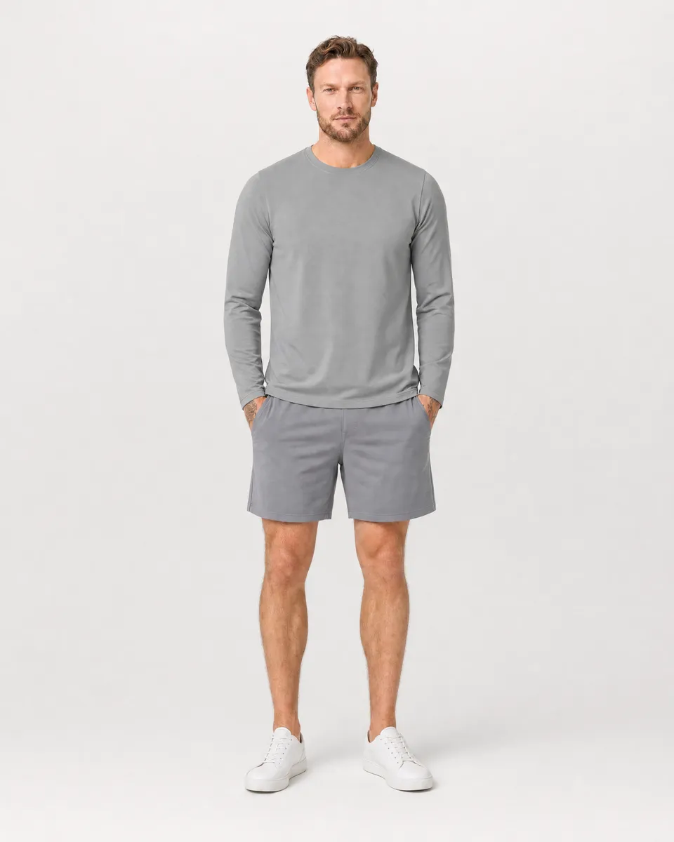 StringKing Men's StayWarm Long Sleeve Tee - Relaxed Fit, Gray, Full Front - Human Model - Top of head to Knees