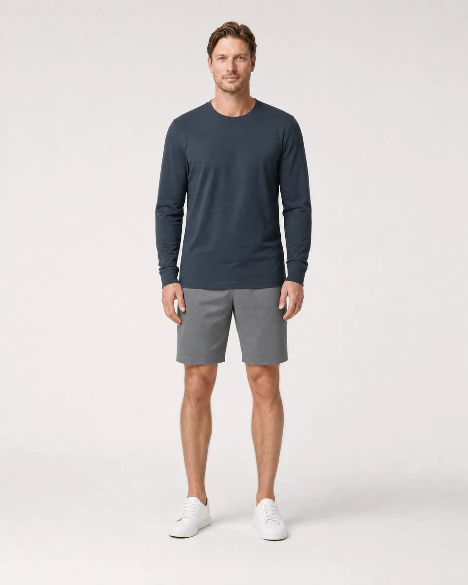 StringKing Men's Pima Jersey Long Sleeve Tee - Sharp Fit, Navy, Full Front - Human Model