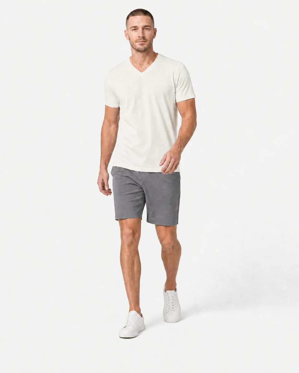 StringKing Men's Pima Jersey V-Neck Tee - Sharp Fit, Tofu, Full Front Angle - Human Model