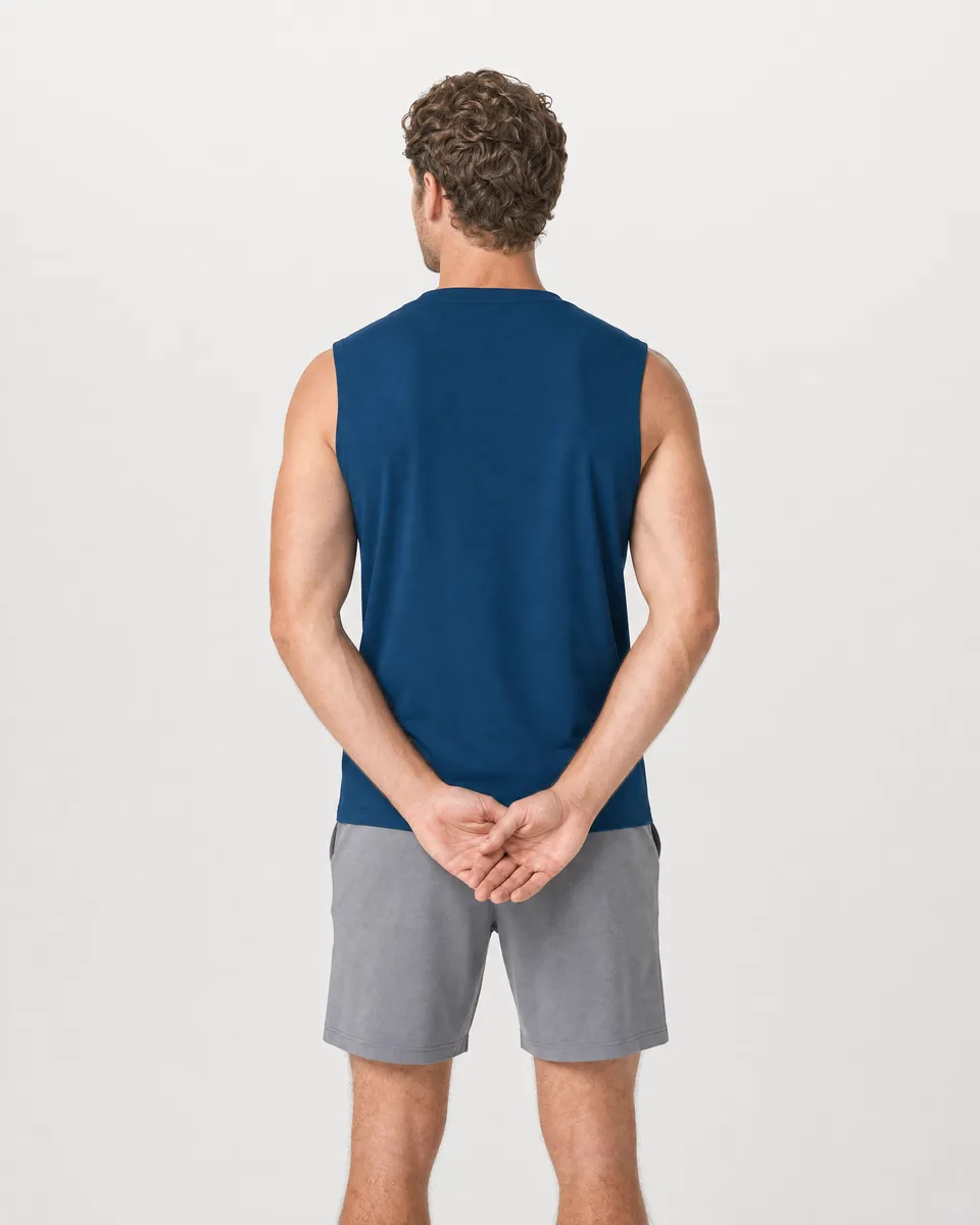 StringKing Men's StayWarm Tank Top - Sharp Fit, Navy Blue, Full Back - Human Model - Top of head to Mid-thigh