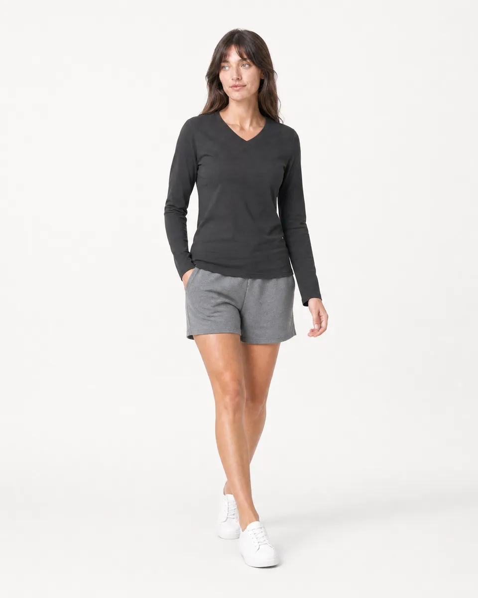 StringKing Women's Pima Jersey Long Sleeve V-Neck Tee - Sharp Fit, Black, Full Front Angle - Human Model