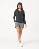 StringKing Women's Pima Jersey Long Sleeve V-Neck Tee - Sharp Fit, Black, Full Front Angle - Human Model