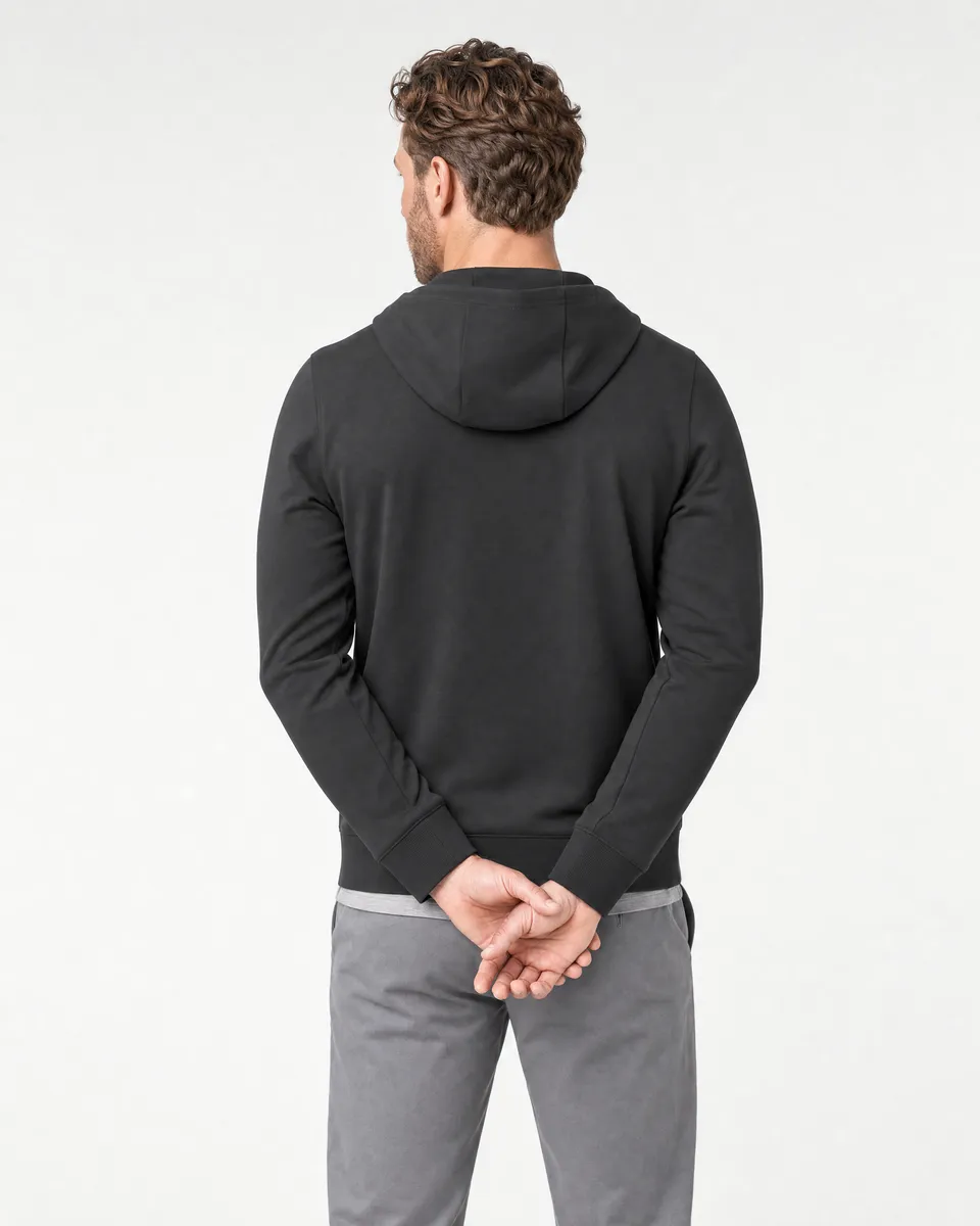 StringKing Men's StayWarm Hoodie - Sharp Fit, Black, Full Back - Human Model - Top of head to Mid-thigh