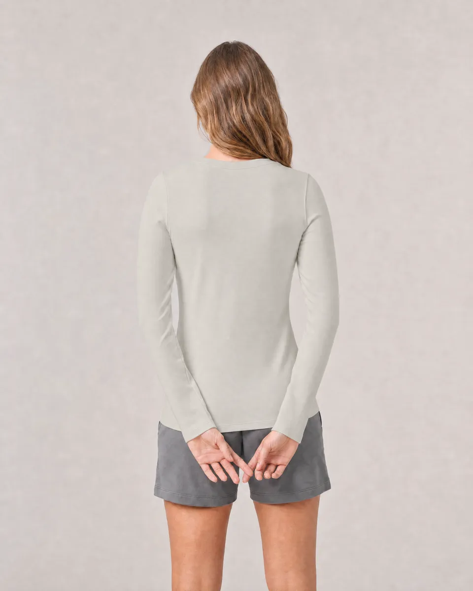 StringKing Women's Pima Terry Long Sleeve V-Neck Tee - Sharp Fit, Moonstruck, Full Back - Human Model - Top of head to Mid-thigh