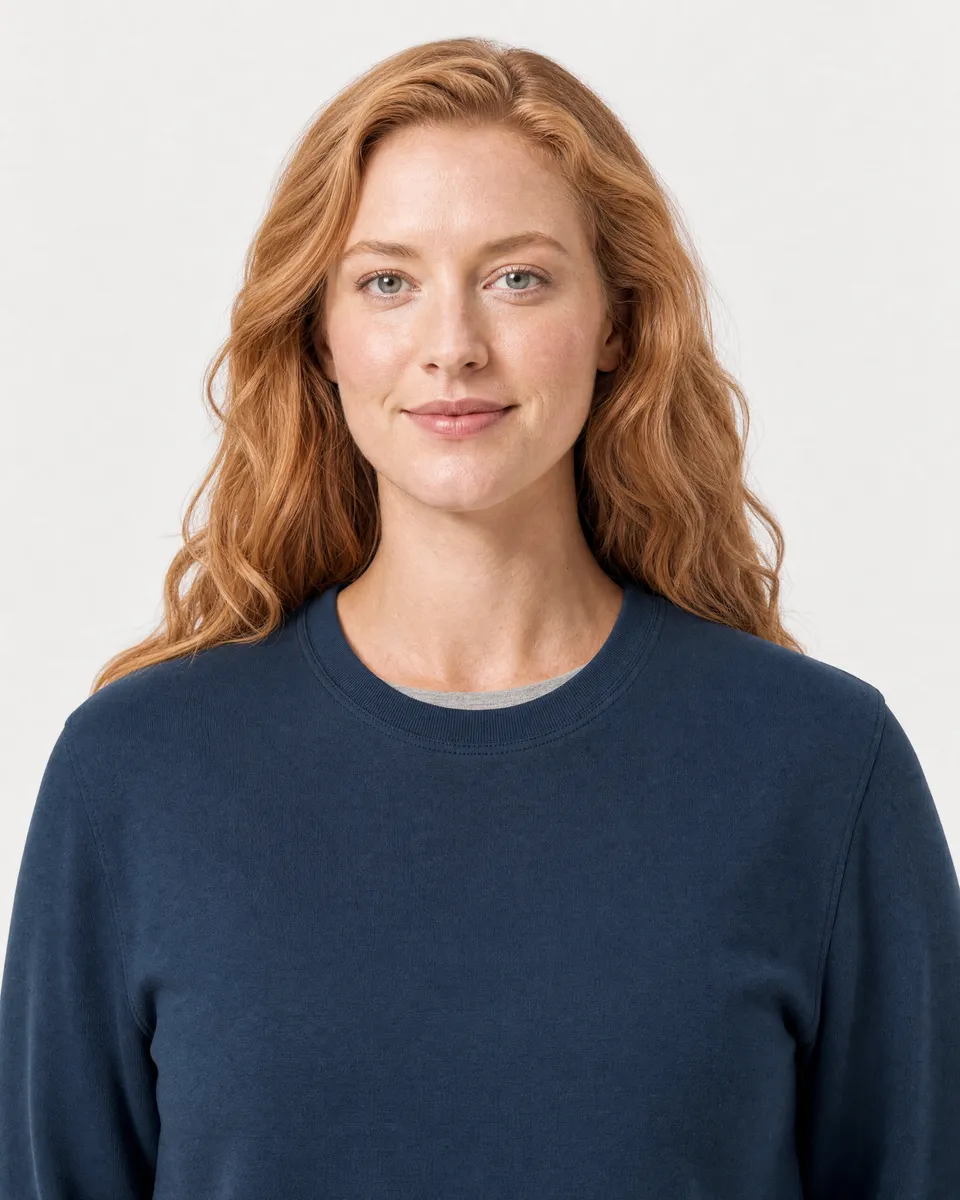 StringKing Women's Pima Terry Crew Sweater - Sharp Fit, Navy, Collar Shoulder - Human Model