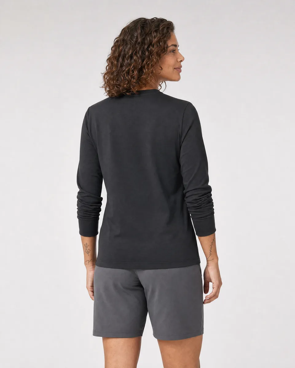 StringKing Women's Pima Jersey Long Sleeve Tee - Sharp Fit, Black, Full Back - Human Model - Top of head to Mid-thigh