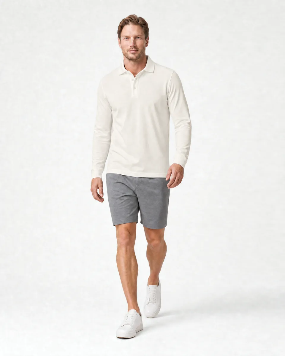StringKing Men's Pima Jersey Long Sleeve Polo - Sharp Fit, Tofu, Full Front Angle - Human Model