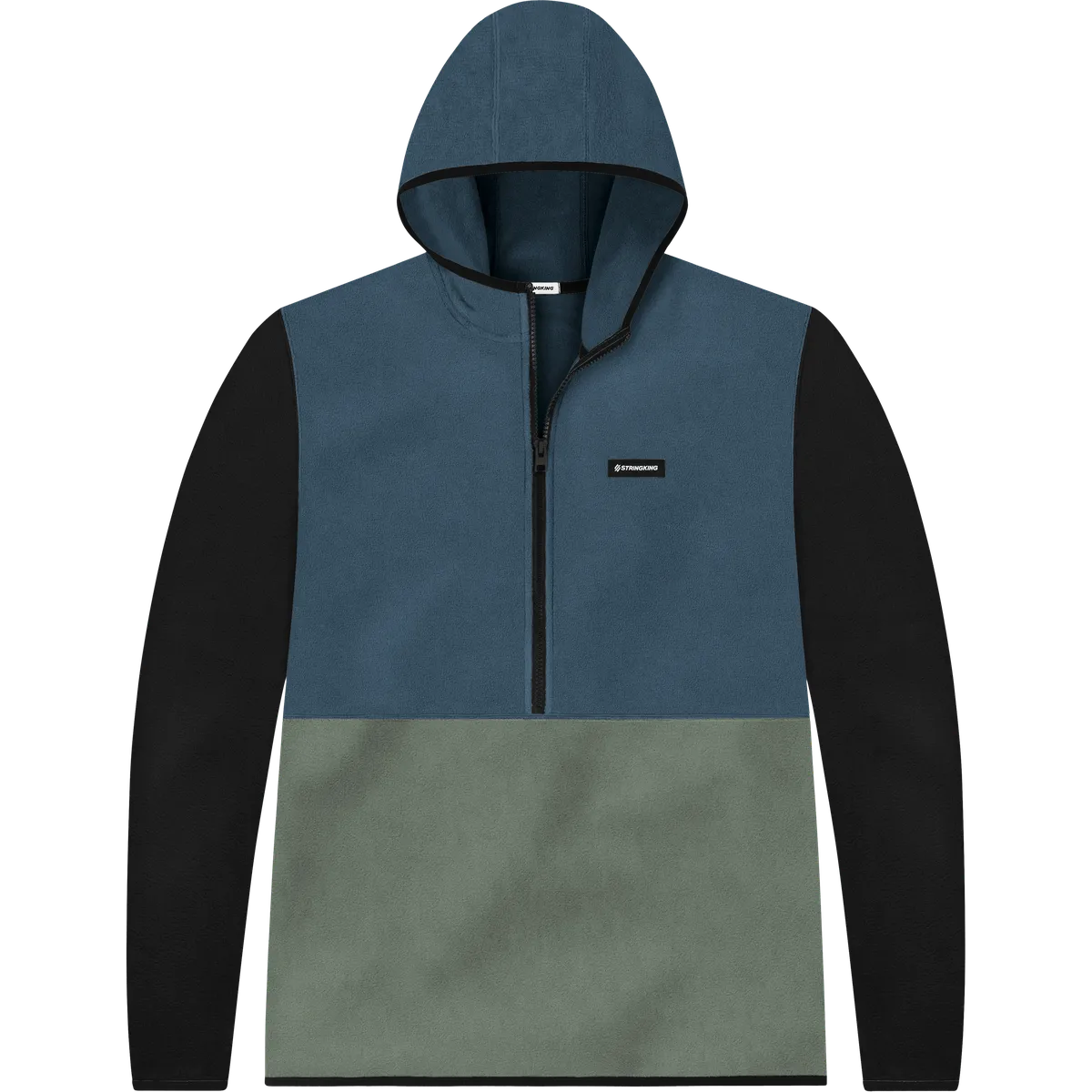 StringKing Men's Polartec Half Zip Hoodie - Sharp Fit, Indian Teal Top, Avenue Green Bottom, Meteorite Sleeves, Black Trim, Front