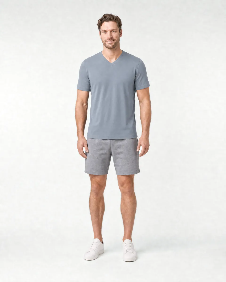 StringKing Men's Pima Terry V-Neck Tee - Sharp Fit, Tradewinds, Full Front - Human Model